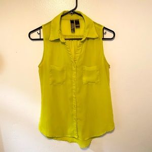 Sheer Neon Green Button-Down Sleeveless Blouse